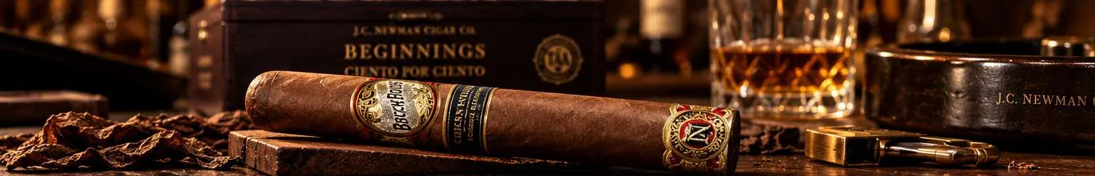 Editorial still life of Brick House Beginnings cigars and presentation box with warm tobacco-toned lighting
