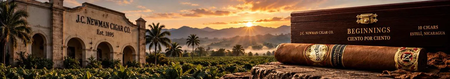Editorial image of Brick House Beginnings Ciento por Ciento cigar beside its wooden box in a tobacco-growing landscape