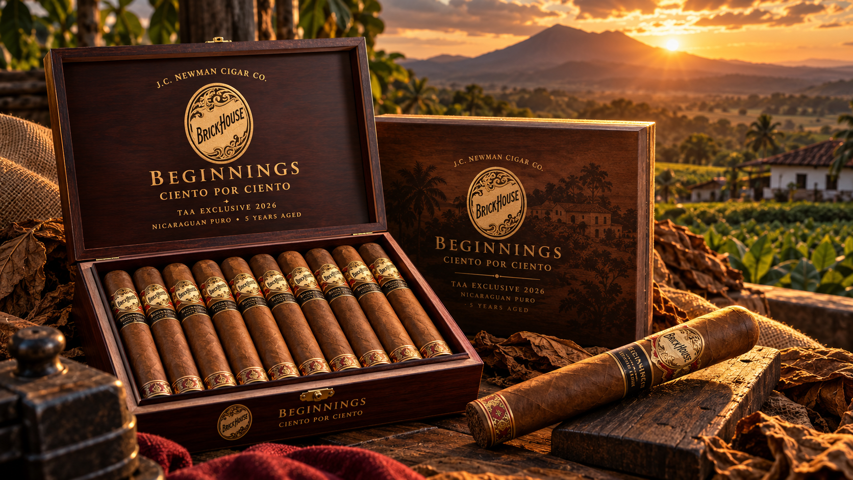 Editorial illustration of Brick House Beginnings Ciento por Ciento cigars and wooden boxes in a Nicaraguan tobacco landscape